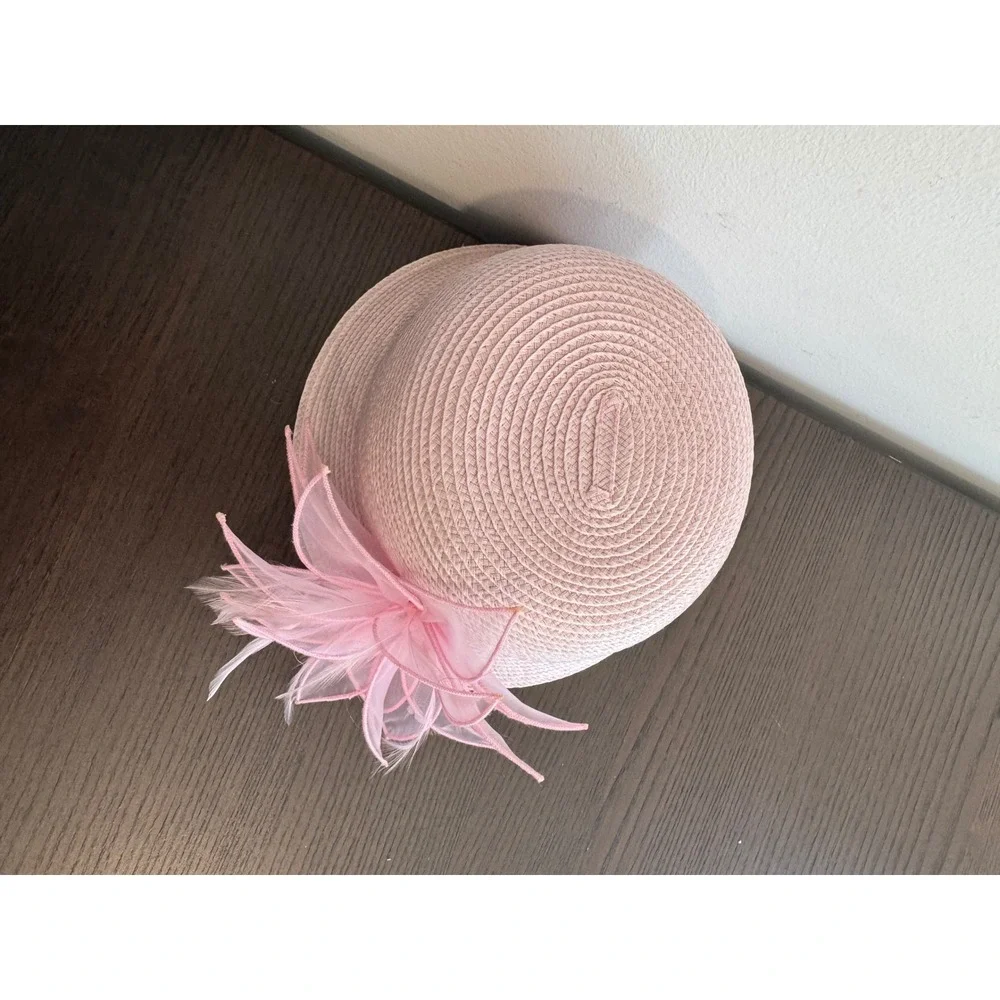 Kate Landry Pink Straw Cloche Hat Kids Girls One Size Mesh Flower Feather Accent